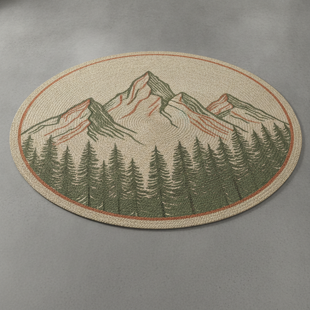 Round jute rug design from the AI rug design generator: a natural fibre rug with a hand drawn mountain and pine forest motif in earthy green, rust and sand, seen from above on polished concrete