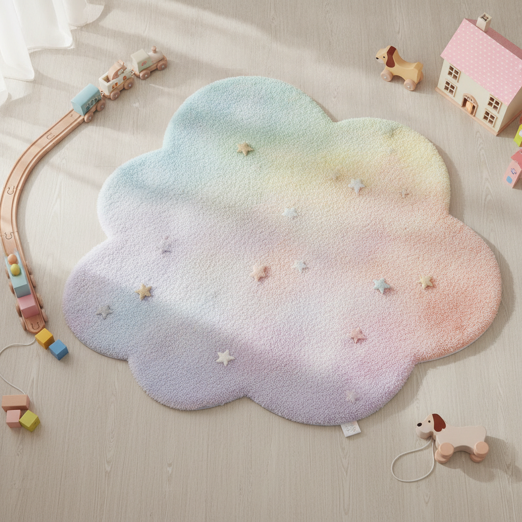 Kids playroom rug design made with AI: a cloud shaped plush rug with a soft rainbow gradient and scattered stars in pastel colours, photographed from above beside wooden toys
