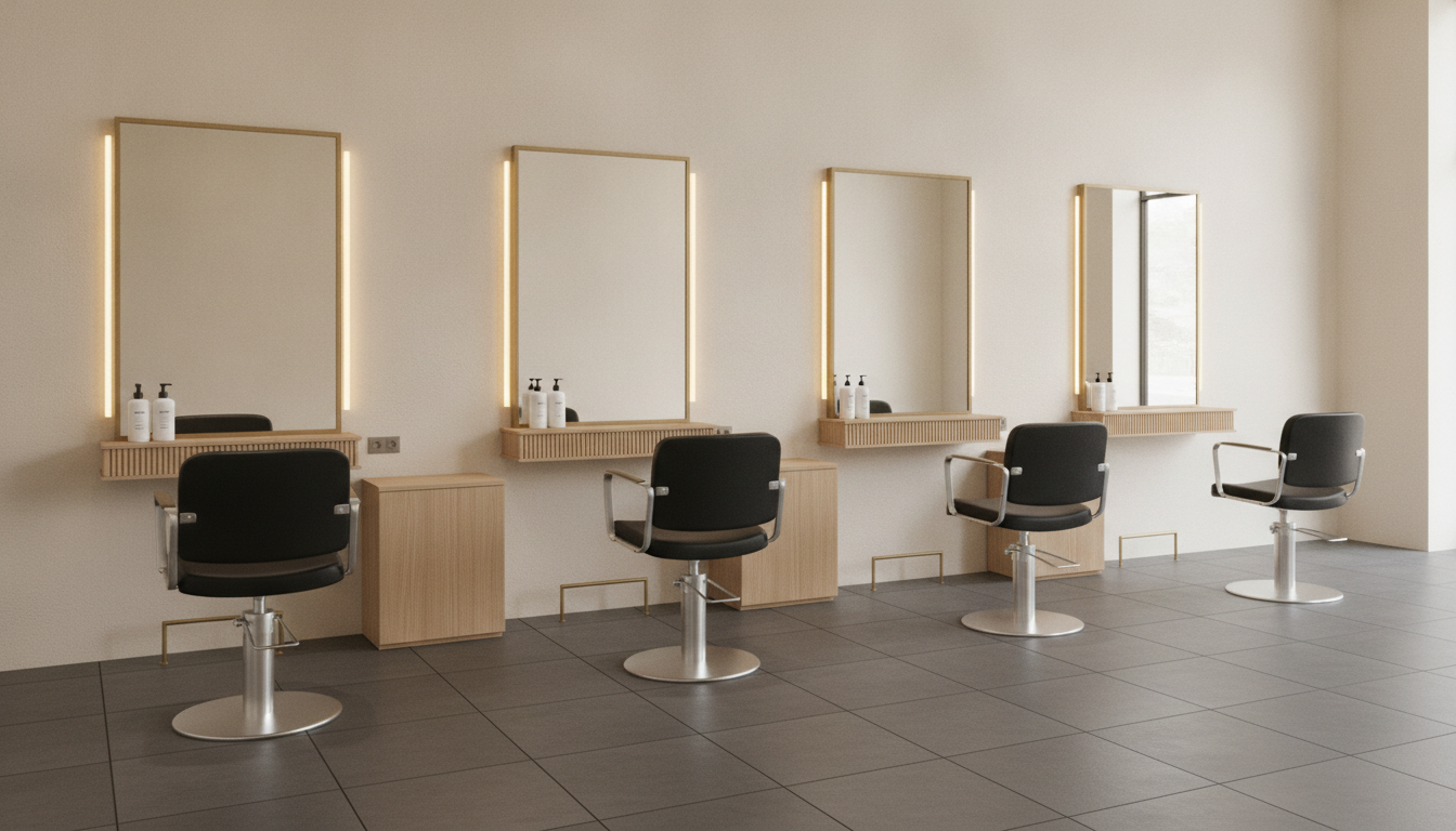 AI salon interior design generator result: four styling stations in a row along an off white plaster wall, each a framed mirror with a warm vertical LED strip down both sides, a fluted pale oak shelf beneath it and a black hydraulic chair on a polished chrome disc base, over large format charcoal porcelain tile. The headline count landed. Four mirrors, four chairs, and a light strip on each side of every mirror for eight in total, which is exactly what was asked for. Three things drifted. The shelves were specified as carried on two visible brass brackets each and all four float off the wall with nothing under them. Each shelf was given exactly two pump bottles and two of the four came back with three. And the chairs walk: station one sits square to its mirror, and by station four the chair has slid a clear two feet to the right of the mirror it belongs to, with the fourth mirror rendered noticeably narrower than the other three.