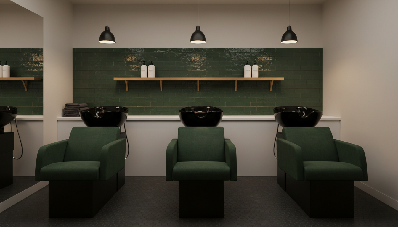 AI salon interior design generator result: a backwash area with three black ceramic shampoo basins set into a continuous white counter, three deep green wash chairs on black plinths, a glossy dark green tiled wall, one long oak shelf above and black cord pendants overhead, lit low and warm. Three basins, three chairs and four folded charcoal towels stacked at the left hand end all landed, and the wet sheen on the tile is exactly the atmosphere the prompt asked for. The shelf is the first one in the set to arrive on real brackets, though four appeared where three were specified. Everything above the counter then drifted: two pendants were asked for and three came back, three evenly spaced bottles came back as four in two clusters, and those bottles picked up small printed labels in defiance of the text ban. The functional miss is the chairs. Every one of the three was specified reclined to the same angle and all three arrived bolt upright, which is the one thing a wash chair cannot be.