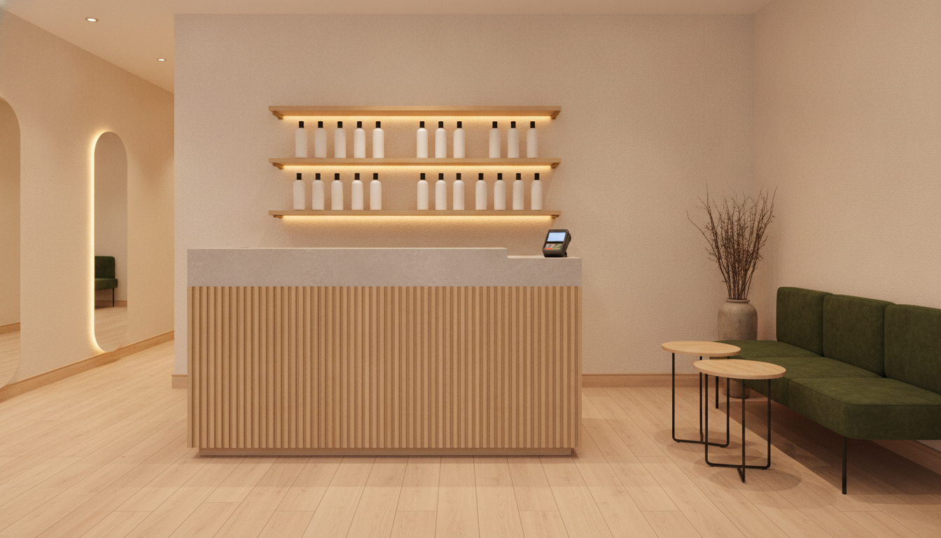 AI salon interior design generator result: a salon reception front with a fluted pale oak desk under a honed pale grey stone top, a lit three shelf retail wall of plain white bottles behind it, a deep green waiting bench with two round oak side tables and a dried branch arrangement in a matte ceramic vase, on wide plank pale oak flooring. The desk is the single best object the series has produced. It was asked for completely bare except one card reader at the right hand end, and that is precisely what came back, which almost never happens. The concealed warm strip washing the underside of every shelf works, and the bottles are genuinely the brightest thing in the room and carry no labels at all here. The retail wall is where it falls apart, and it falls apart in the most expensive way. Three shelves each holding exactly five bottles were specified, fifteen in total. What arrived is two rows of roughly a dozen each, in uneven clusters, on three boards that again float with no brackets. A tall arched mirror also invented itself on the left wall, reflecting a green bench that is not where the real one is.