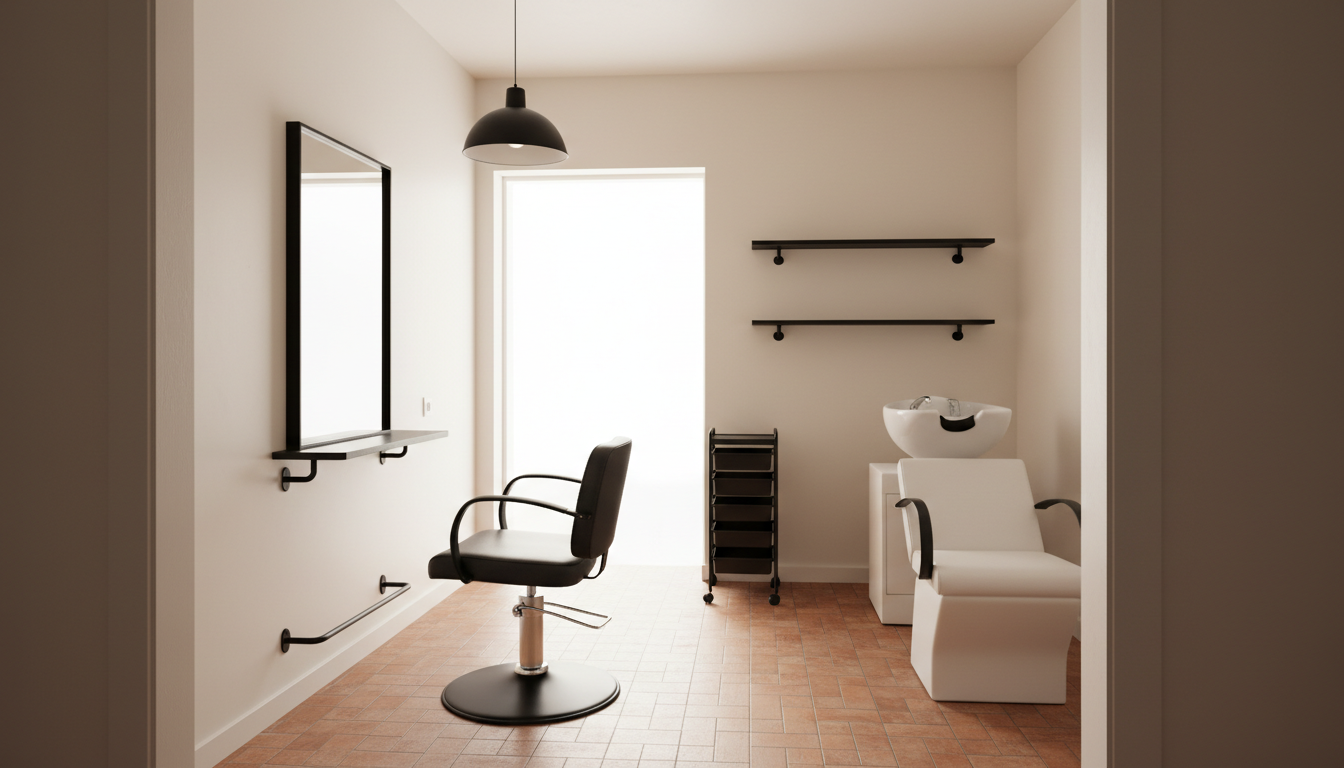AI salon interior design generator result: a one chair home salon studio with a black framed mirror and a bracketed shelf on the left wall, a single black hydraulic chair, a rolling drawer trolley against the back wall and a white backwash basin with a white reclining chair on the right, over small terracotta floor tile. This is the fifth consecutive page in this series where the model refuses to draw a small room as small. It was given one hundred and twenty square feet, a ceiling at eight feet, and thirty inches of clear floor between the styling chair and the wash chair, described in words as tight enough that one person can only just pass through sideways. What came back is an airy room with a tall ceiling and something closer to nine feet of empty floor between the two chairs. The shelf brackets did finally appear here, which is the only image in the set where an explicit bracket instruction was obeyed on the styling wall. The trolley was asked for with three drawers tucked hard into the back left corner and arrived with six, out in the open against the back wall, and the styling chair is marooned in the middle of the floor rather than in front of its mirror.