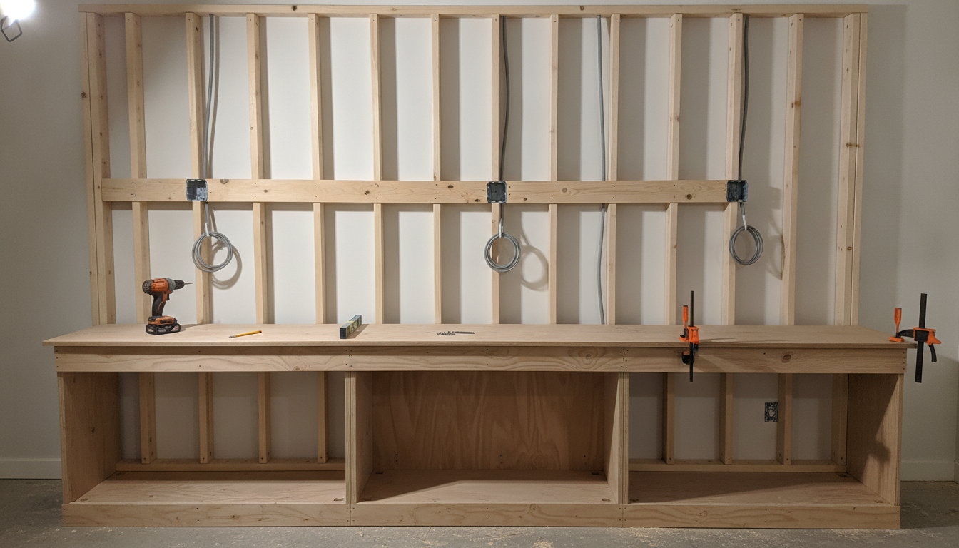AI salon interior design generator result: a run of salon styling stations part way through being built, shot square on against a wall of exposed timber studs, with a horizontal blocking rail screwed right across the studs at mirror height, three grey electrical back boxes fixed to it with coiled grey cable hanging from each, a bare plywood base carcass divided into three bays by two vertical dividers on a recessed toe kick plinth, two orange bar clamps at the right hand end, a cordless drill, a spirit level, a pencil and loose screws on the raw plywood top, and sawdust on a bare concrete slab. This is the most accurate frame on the page and the most useful one, because a styling wall is decided by power and blocking and no styled photograph ever shows either. Three bays, two dividers, three back boxes evenly spaced, two clamps and the blocking rail all landed. Two failures, and they are the same two the whole series keeps finding. The flexible conduit was specified as stapled up the studs to each box and there is none, so the cables simply hang in mid air. The pocket screws asked for where the dividers meet the base never appeared. The boxes also sat themselves on the blocking at mirror height instead of the forty inches they were given, which in a real build puts every socket behind a mirror.