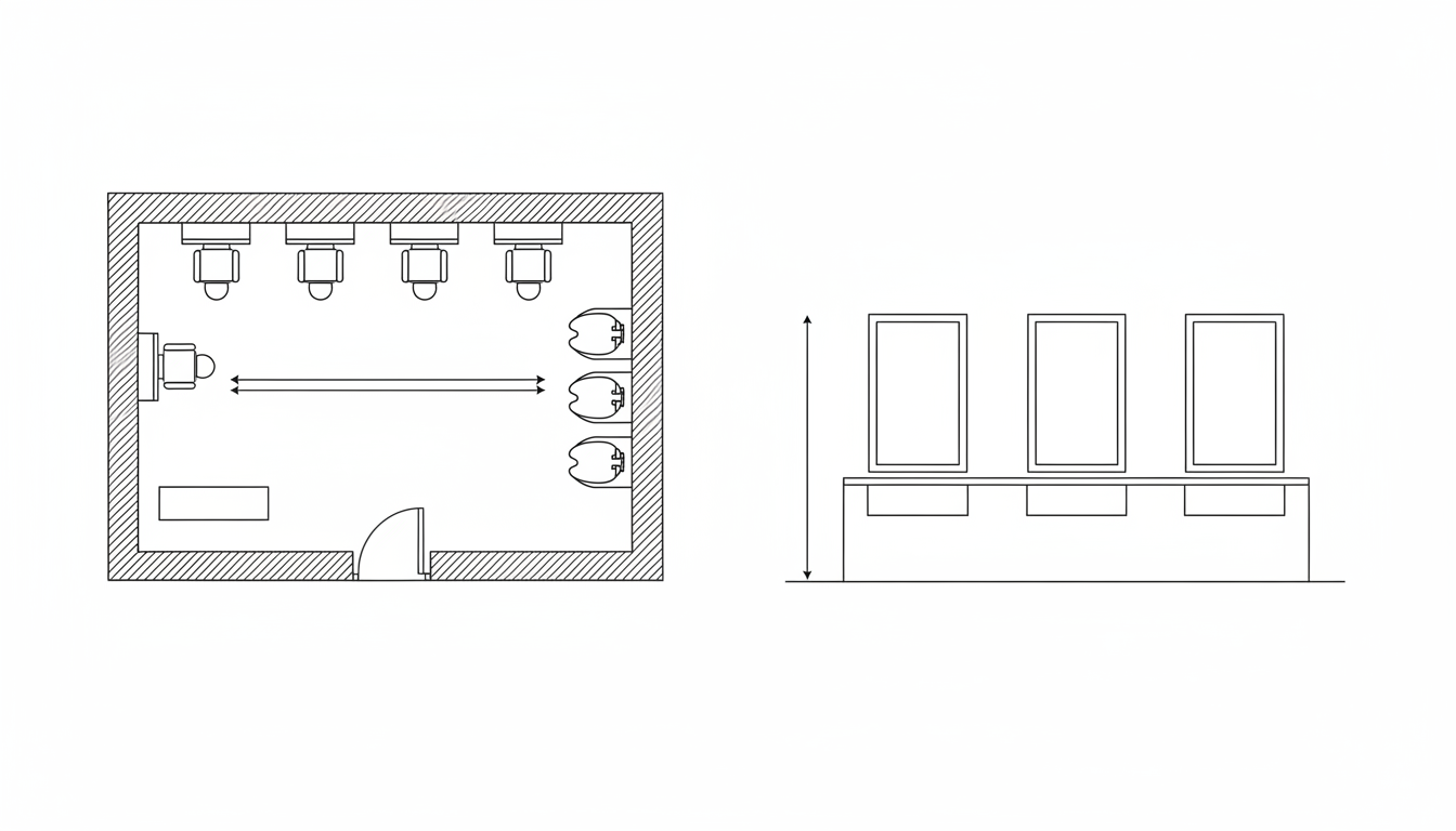 AI salon interior design generator result: a flat black line drawing with a salon plan on the left and a straight on elevation of the station wall on the right, showing hatched walls on all four sides, an entrance door with a quarter circle swing arc, four styling stations with chairs along the top wall, three backwash units down the right wall, a reception desk near the door, and an elevation with a plinth, a shelf line, three equal bays and a row of mirrors. The sheet is clean and completely free of lettering, which is a perfect result on the one image type most likely to invent words. The plan is right: four stations, three wash units, the desk by the door, all four walls hatched. The elevation contradicts it. Four mirrors were asked for above the shelf line and three arrived, so the same drawing says four stations in plan and three at elevation. Both dimension lines repeat the exact failure the cafe and mudroom pages found. The horizontal one was asked for across the gap between the styling chairs and the wash units and is drawn wall to wall across the room width instead. The vertical one was asked for from the floor line to the shelf top and runs on up to the top of the mirrors. A fifth stray chair also appeared against the left wall, and the elevation floor line overruns both ends of the run.