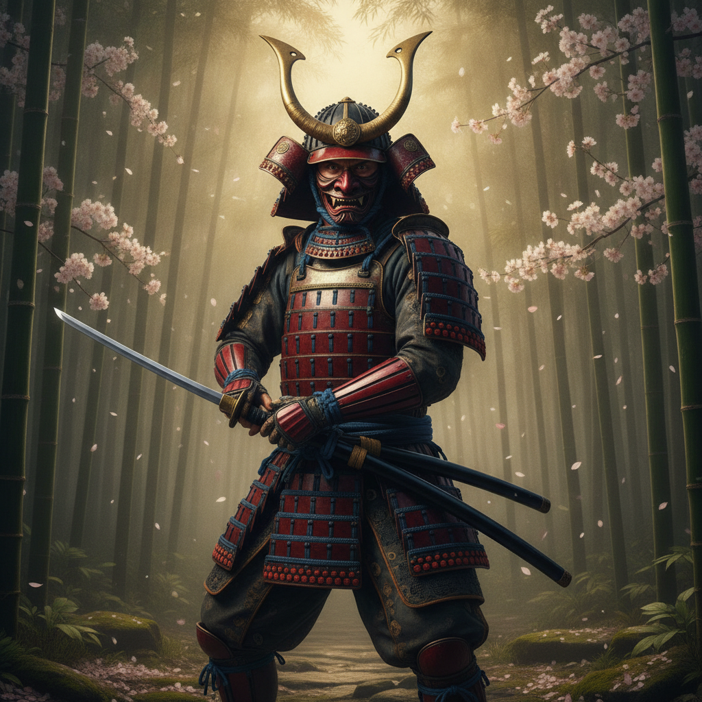 AI samurai generator result showing a person turned into a classic Japanese samurai in full traditional o-yoroi armor with a katana in a feudal castle courtyard with cherry blossoms, real face preserved