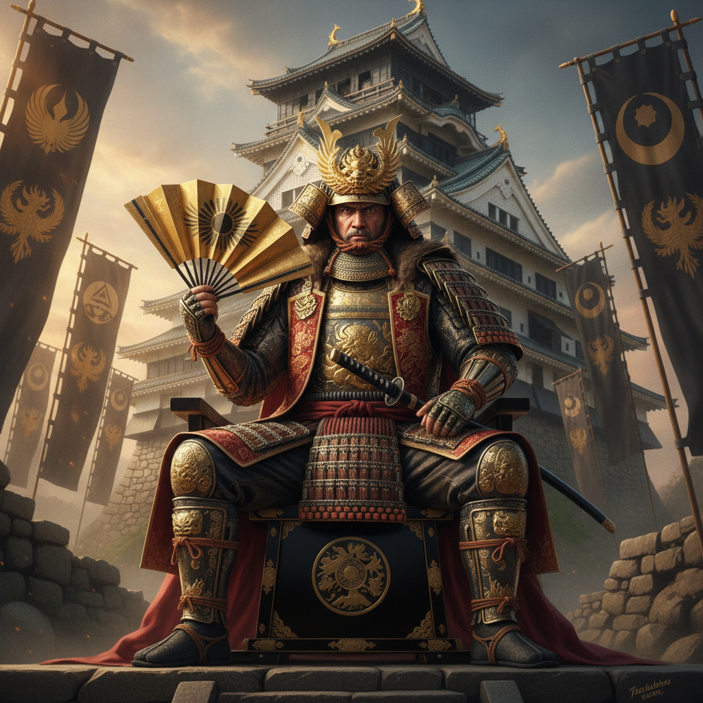 AI samurai generator result showing a person as a powerful samurai warlord shogun in ornate gold-accented armor and a horned kabuto helmet before a grand Japanese castle, real face kept recognizable