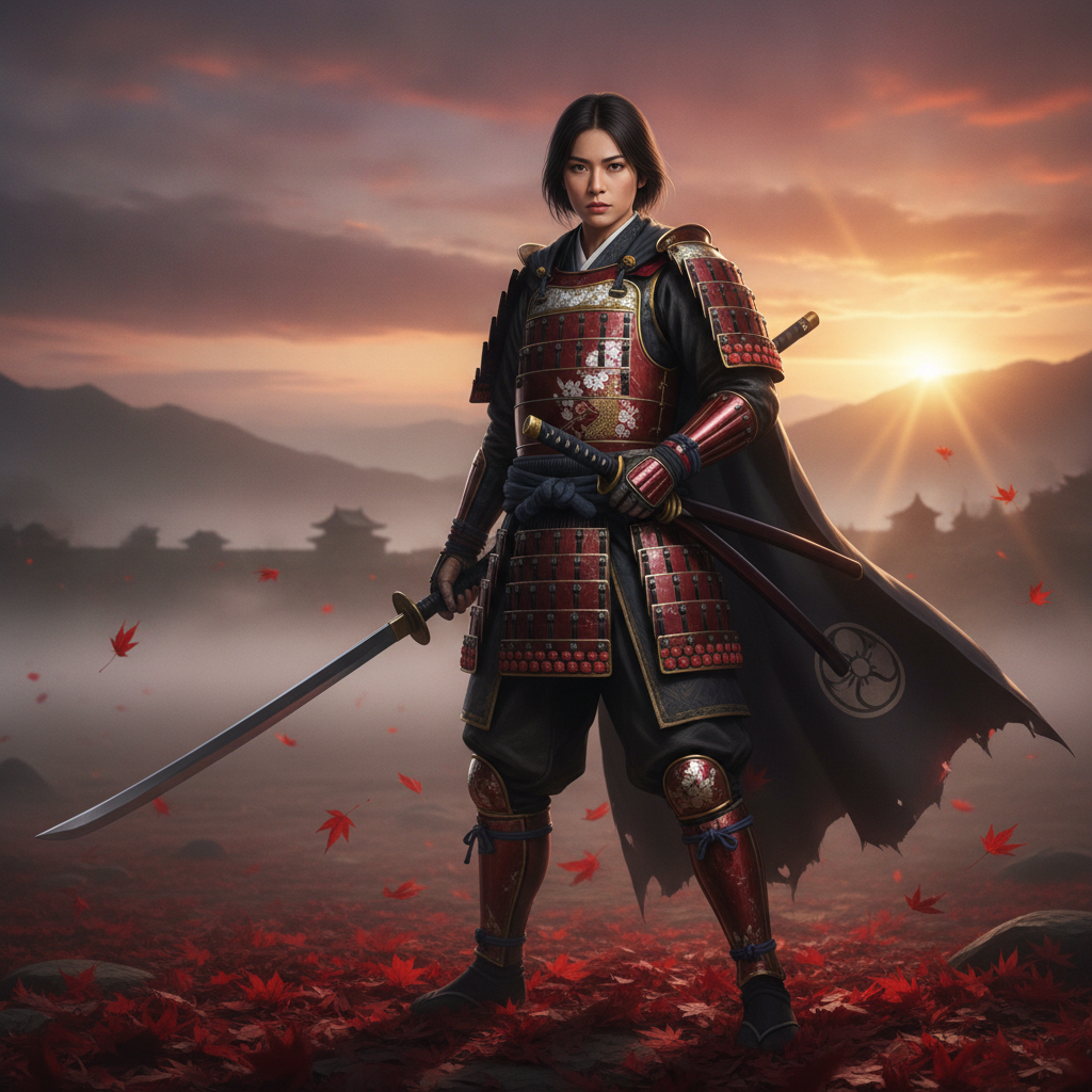 AI samurai generator result showing a person as a fierce female samurai onna-bushi in fitted armor holding a naginata in a misty bamboo forest, real facial features recognizable