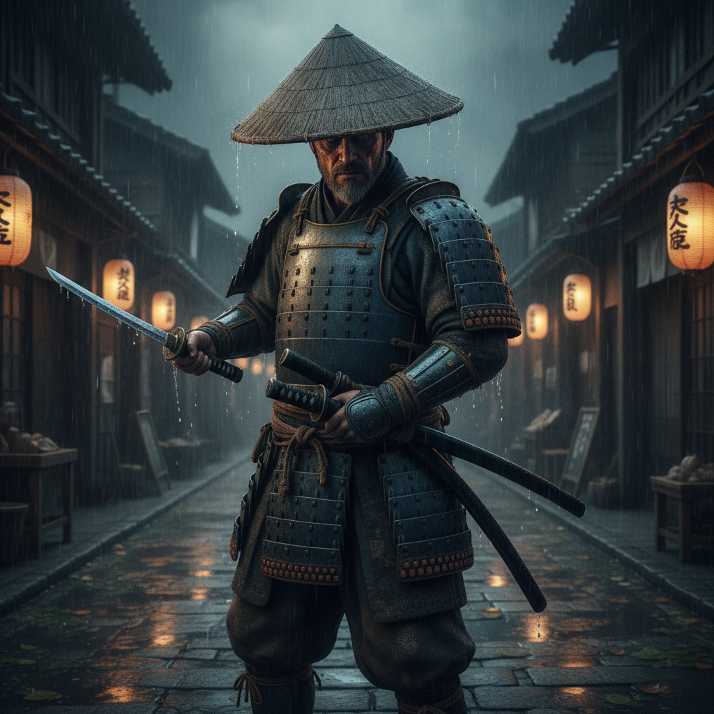 AI samurai generator result showing a person as a brooding ronin in worn dark armor gripping a katana on a rain-soaked bridge under a moonlit sky, real facial features recognizable