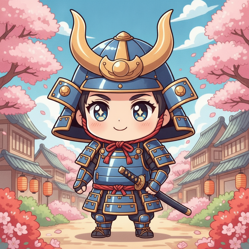 AI samurai generator result showing a person as a cute anime-style chibi samurai with a little horned helmet and tiny lacquered armor in a colorful cartoon Japanese village, real facial features recognizable