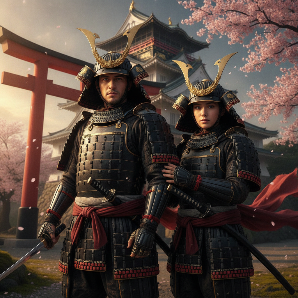 AI samurai generator result showing a couple turned into two matching samurai in traditional armor with katanas in a temple garden at golden hour, both real faces preserved