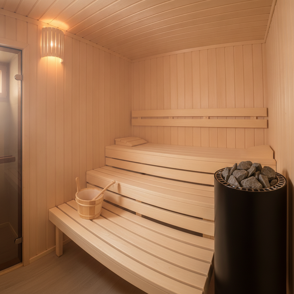 AI sauna design generator result: a traditional Finnish sauna interior lined in pale aspen tongue-and-groove boards, with tiered bench seating, a backrest rail, a black cylindrical heater filled with grey stones, a wooden bucket and ladle on the lower bench and a shielded wall lamp.