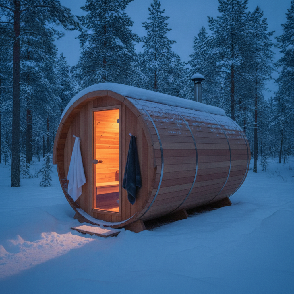 AI sauna design generator result: a cedar barrel sauna in a snowy pine forest at blue dusk, built from horizontal staves bound by steel bands, with warm orange light spilling from the glazed door onto the snow, two towels on pegs and a stainless flue with a rain cap.