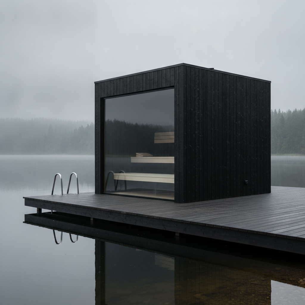 AI sauna design generator result: a modern black charred-timber cube sauna on a grey timber deck at the edge of a misty lake, with one whole wall glazed in a slim black frame showing pale benches inside, and a steel bathing ladder at the deck edge.