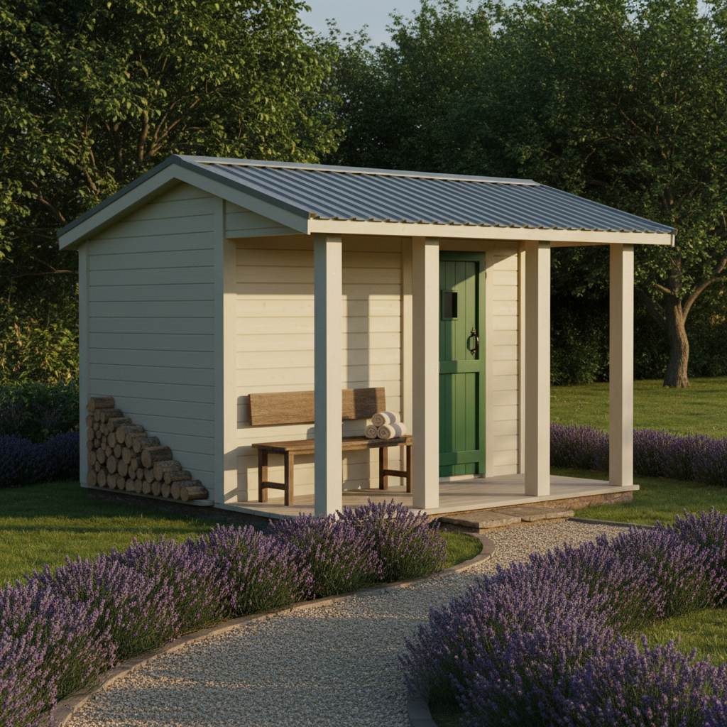 AI sauna design generator result: a cream shiplap garden sauna cabin with a grey ribbed metal roof and a covered porch on square posts, a green door with a small window, a bench with rolled towels, a stack of logs against the side wall and a gravel path through lavender.