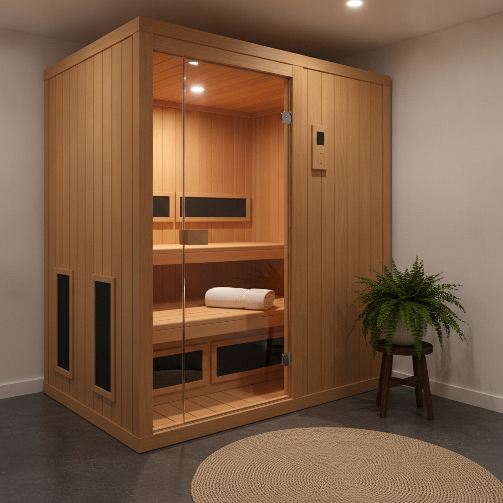 AI sauna design generator result: a honey-toned hemlock infrared sauna cabin in a basement spa room, with a full-height glass door on visible hinges, black carbon infrared panels on the rear wall and under the bench, a rolled white towel, a fern on a wooden stool and a round jute mat.