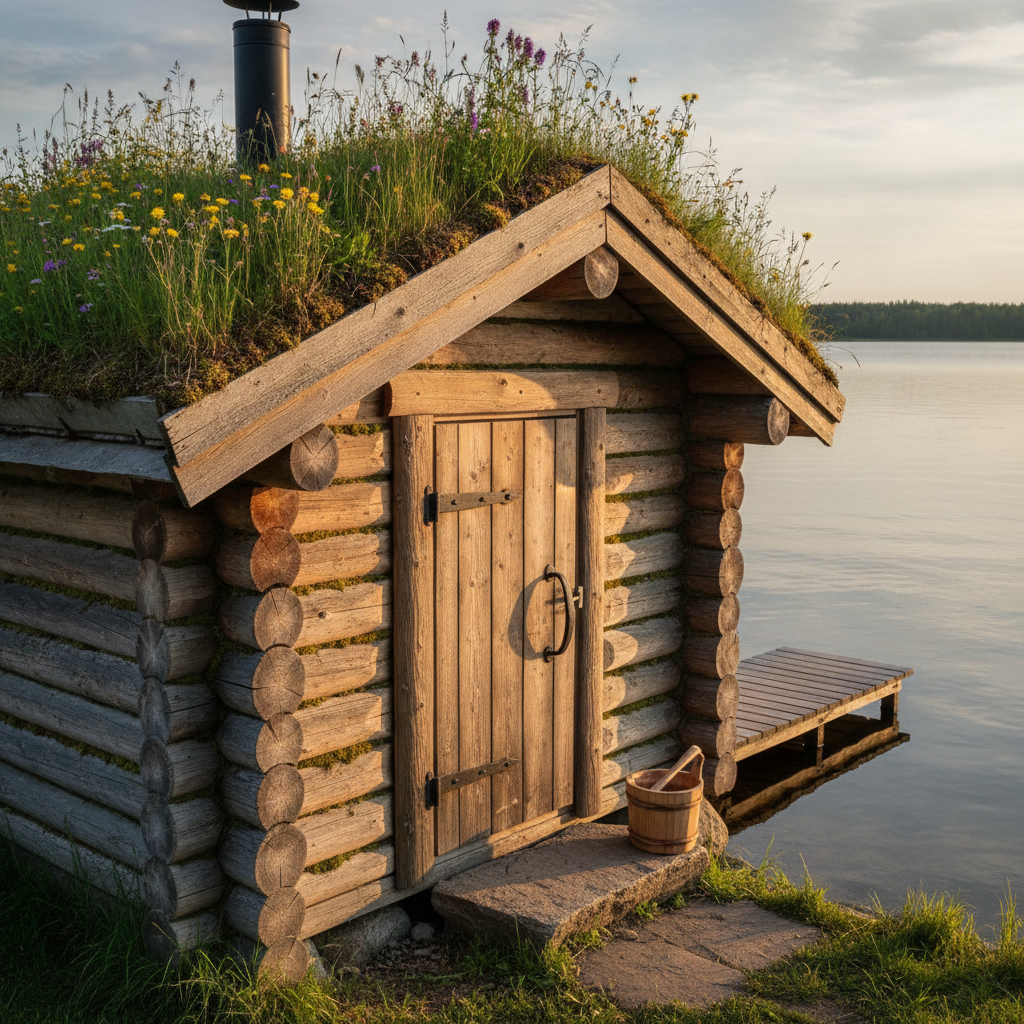 AI sauna design generator result: a rustic wood-fired log sauna by a lake in golden evening light, built from stacked round logs with notched corners where the log ends project past the joint, moss chinking, a wildflower turf roof, a plank door on strap hinges and a wooden bucket on the stone step.