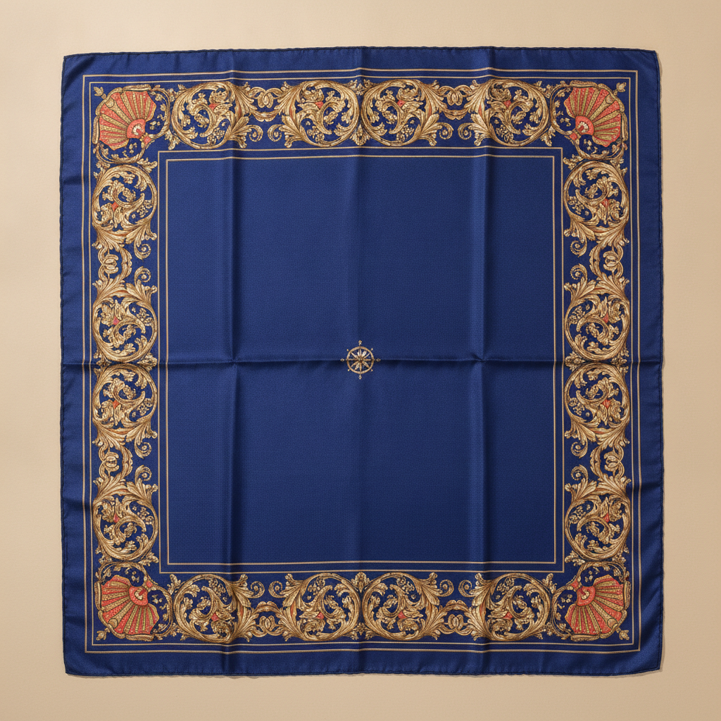 AI scarf design generator result: a large square silk carre laid flat on warm sand, deep royal blue with a wide gold acanthus scroll border, a coral and gold scallop shell filling each corner and nothing in the centre field but a tiny gold compass rose, the fold creases from its packet still showing