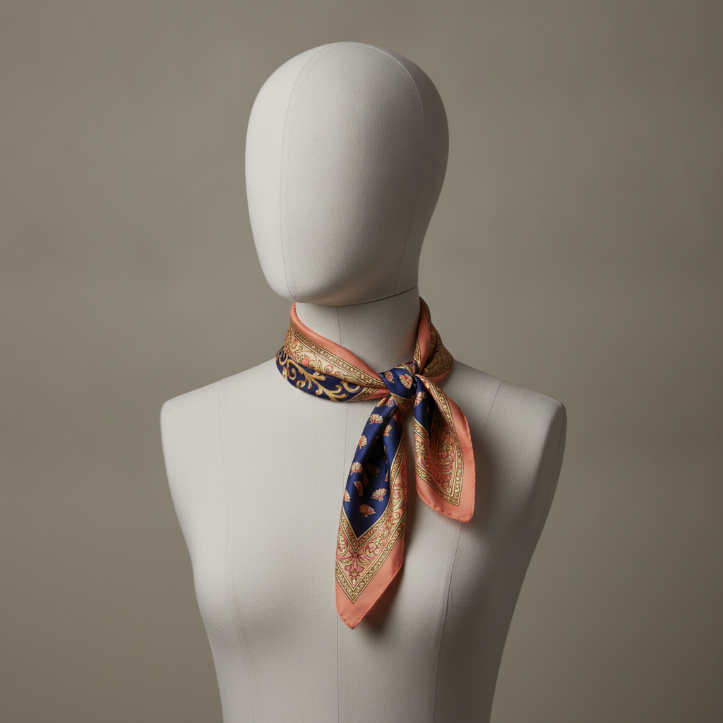 The knot test: a square scarf folded into a bias band and tied at the neck of a faceless ivory dress form, where all that reads is the salmon border, a strip of gold scrollwork along the folded edge and the two corners left hanging — the navy centre is folded away