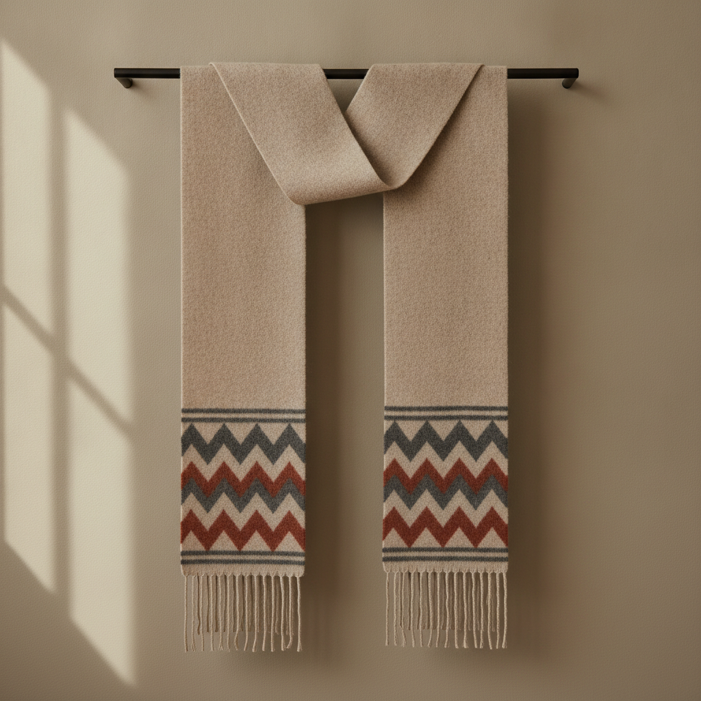 A long wool wrap hanging over a black rail, its plain oatmeal body filling most of the frame with the whole design confined to a deep band of rust, charcoal and cream chevrons above the twisted fringe at each end
