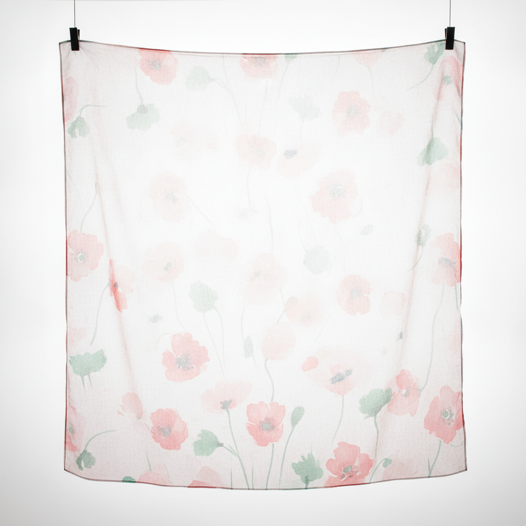 A sheer chiffon square clipped taut in front of a softbox: poppies specified in scarlet come back as pale blush and sage, bleached by the light passing through the cloth, with the dark rolled edge left as the strongest colour in the picture