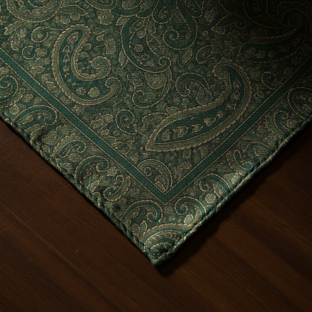 Macro on the corner of an emerald and gold paisley silk, where the hand-rolled hem is curled into a fine stitched cord and the border pattern runs straight off the cloth into it, so the outer part of every motif along that edge is swallowed by the roll