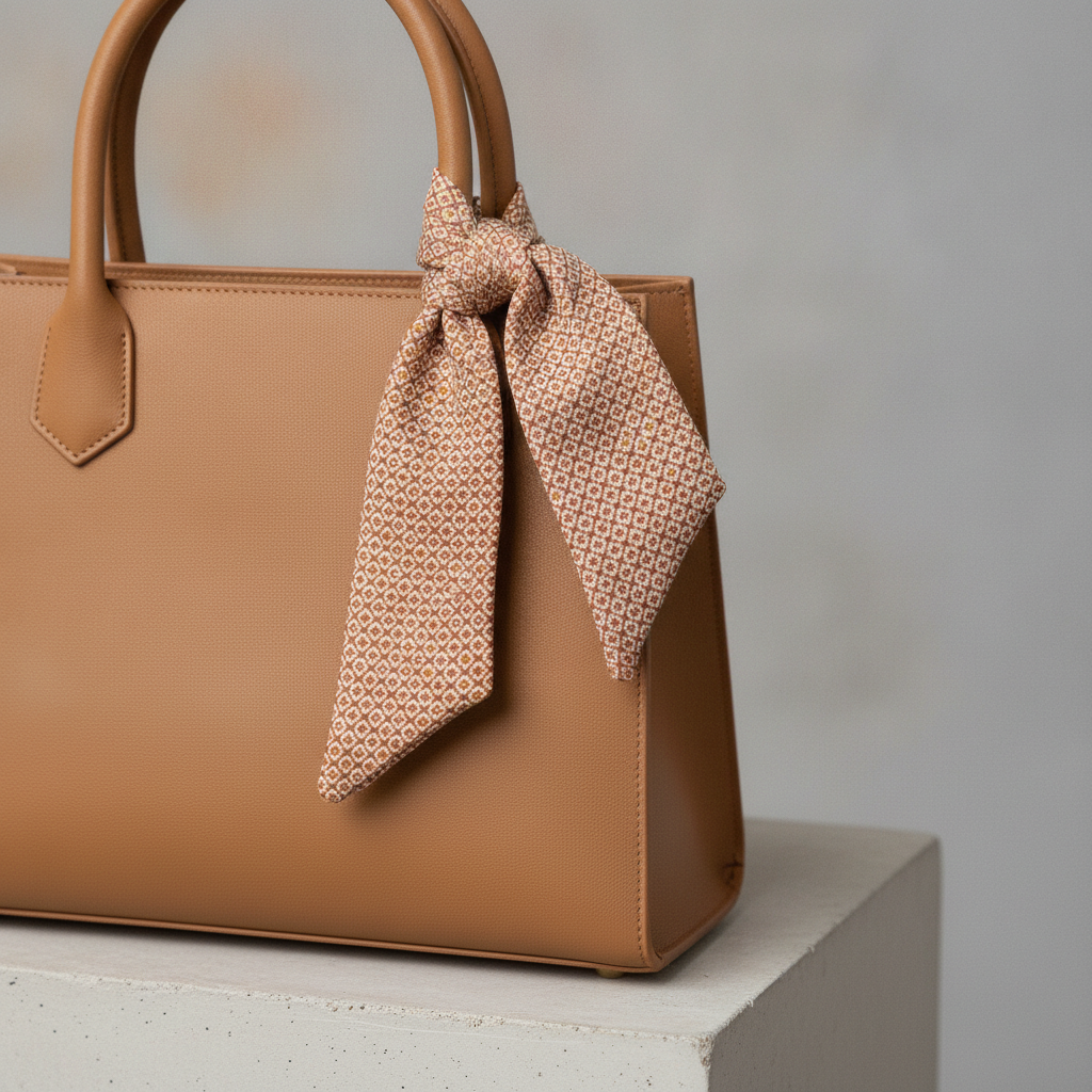 A printed square folded down to a four centimetre band and knotted on the handle of a tan handbag, where a fine terracotta and cream diamond repeat stops reading as a pattern at all and becomes a mottled woven texture