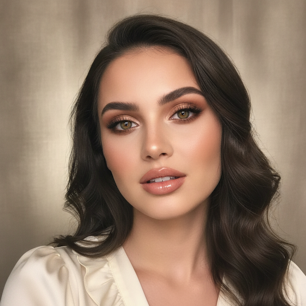 AI selfie generator studio glam portrait of a woman with glowing skin created from a plain phone selfie