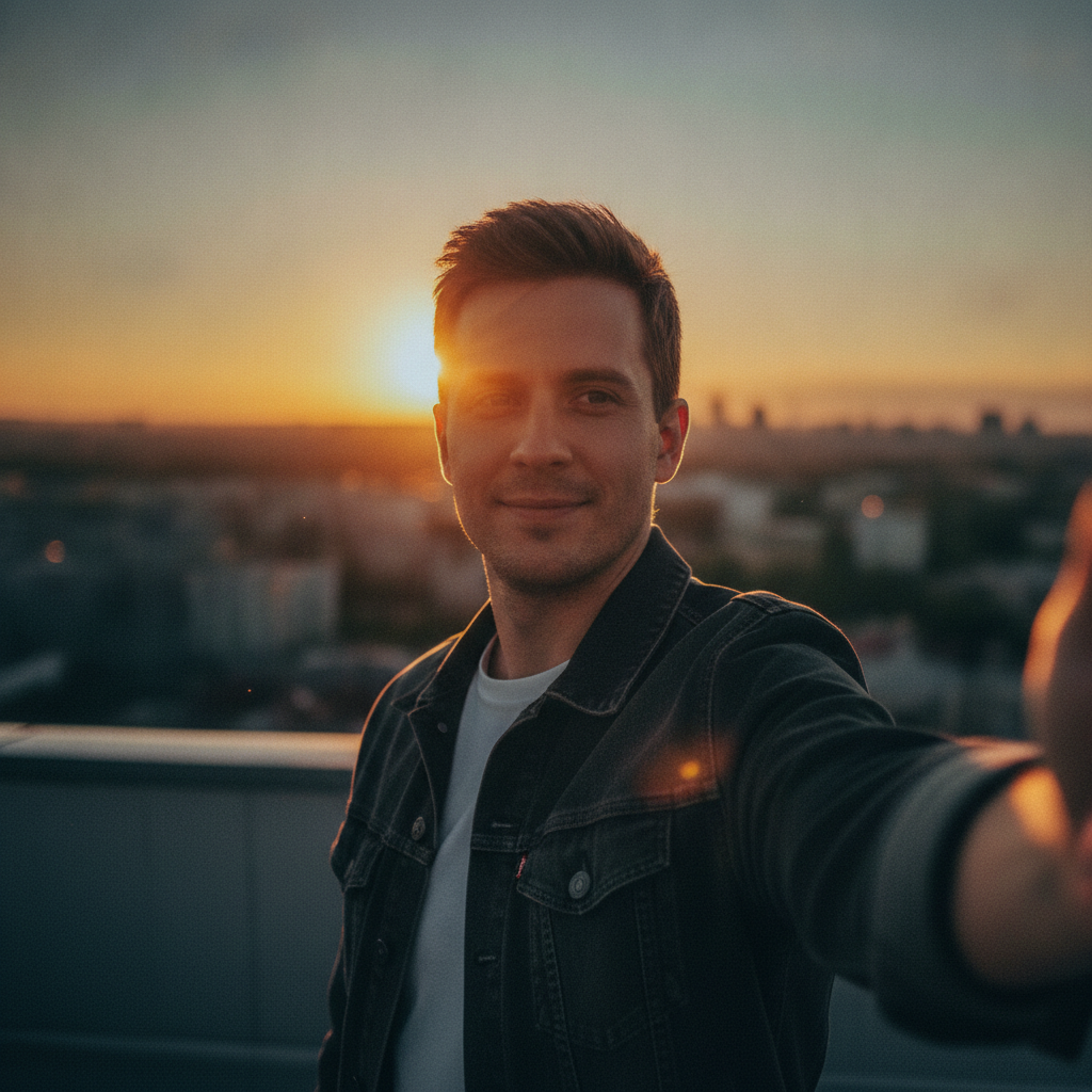 Natural golden hour outdoor selfie of a smiling man in a park made with the AI selfie generator