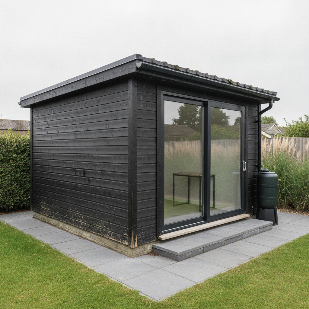 AI shed design generator result: a modern garden office shed clad in charcoal-black horizontal timber boards with soil splashed up the lowest boards, a wide black-framed sliding glass door on the end, a black gutter and downpipe running into a water butt, standing on grey paving slabs beside a mown lawn and a clipped hedge.