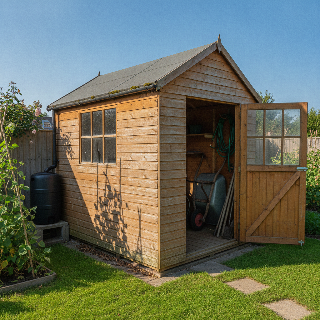 AI shed design generator result: a classic apex garden shed in honey-brown lapped timber boards faded silver on the sunny side, a felt roof mossed along the eave, a small-paned window, a single door swung wide open showing a wheelbarrow, a coiled hose and long-handled tools inside, and a black water butt on a block at the corner.