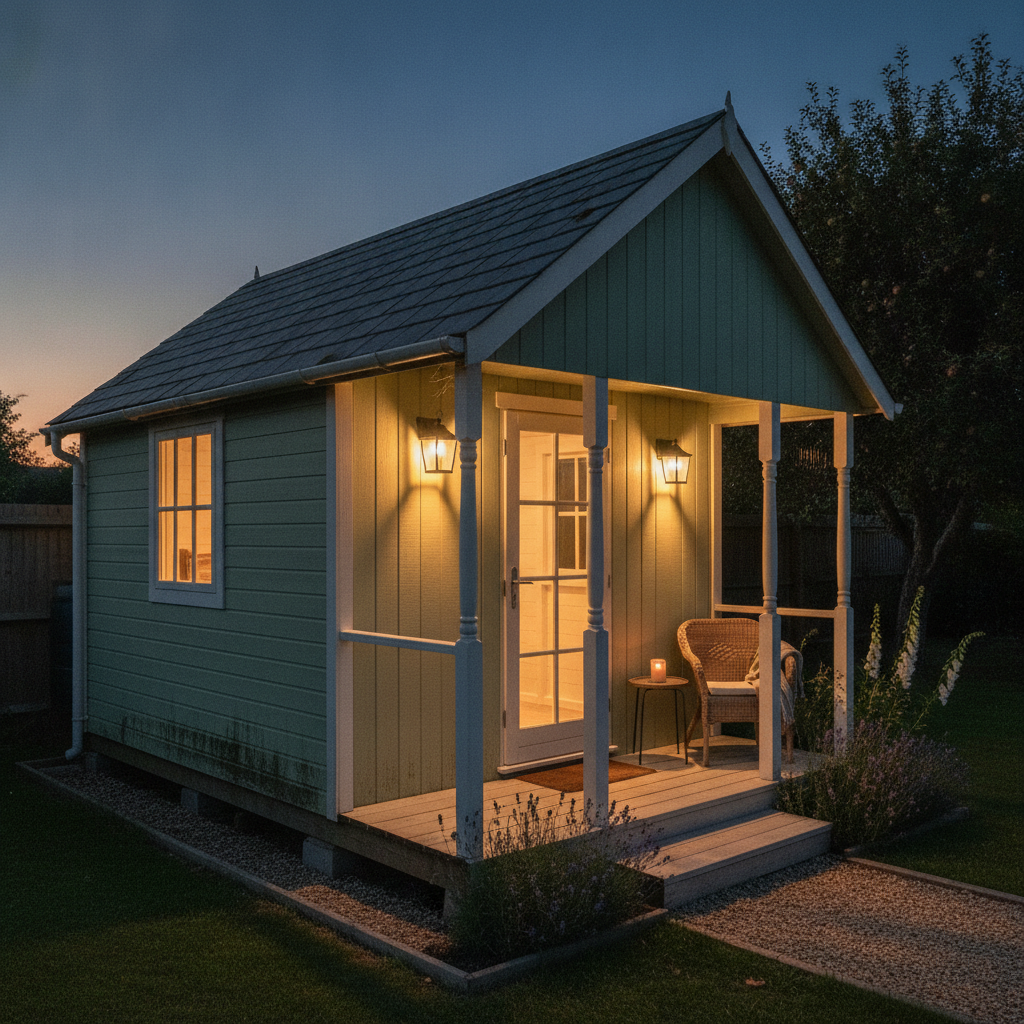 AI shed design generator result: a sage green she shed at blue dusk with a white covered veranda on slim turned posts, two lit wall lanterns each throwing a pool of warm light down the boards, a glazed door spilling light across the deck, a cane armchair with a blanket, a lit candle on a side table and foxgloves and lavender planted in front.