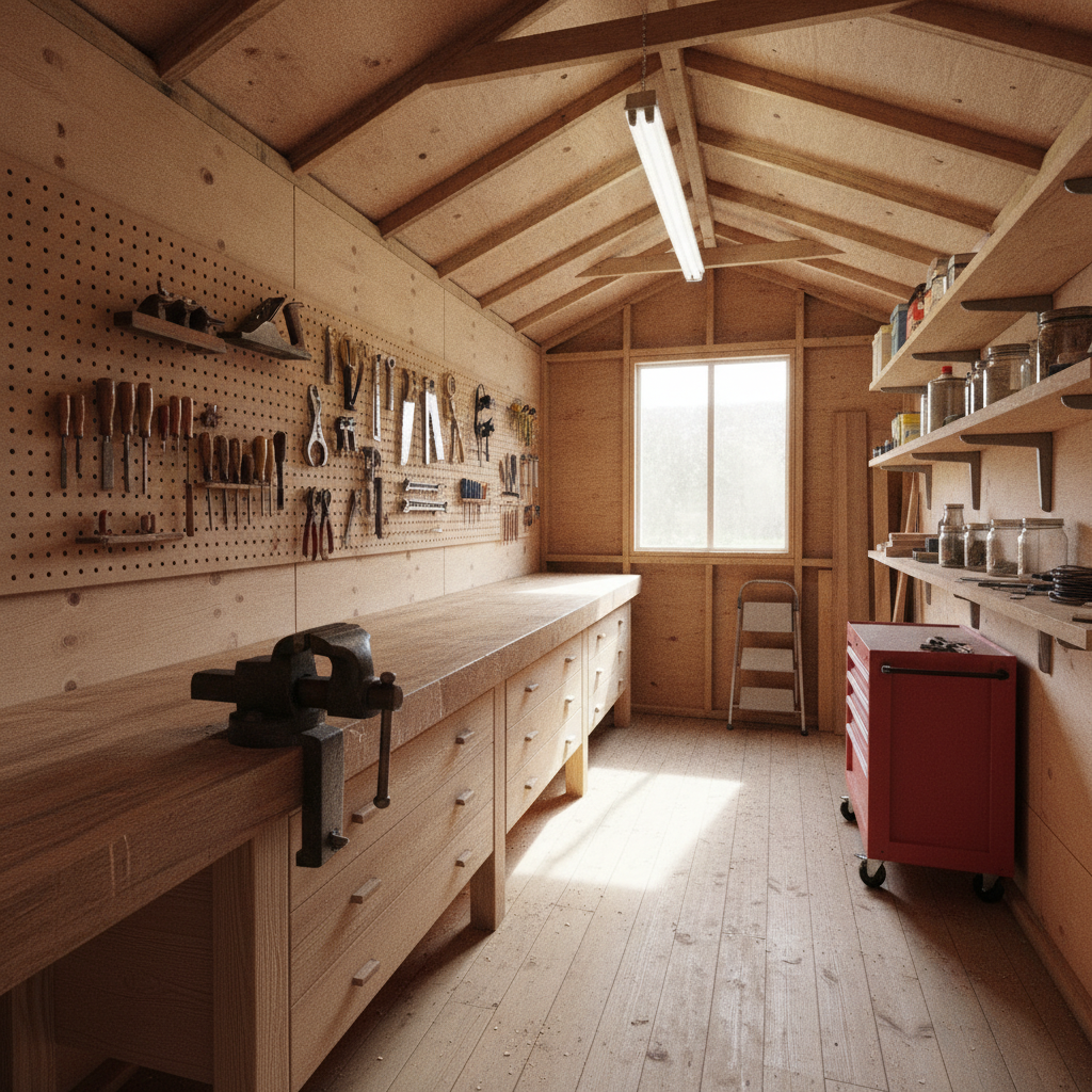 AI shed design generator result: the inside of a shed workshop, a long timber bench with a steel vice bolted through it down one side, a full pegboard wall of chisels, saws and spanners, open shelves of unlabelled tins and jars opposite, a red rolling tool chest on castors, a strip light hanging lit from the rafters and a window at the far end.