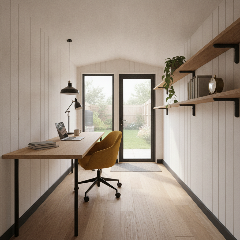 AI shed design generator result: the inside of a shed converted to a garden office, white tongue and groove walls, an oak desk on slim black legs with a laptop and lamp, a mustard office chair, oak shelves on black brackets holding plain books and a trailing plant, and a fully glazed door at the far end looking onto a sunlit garden.