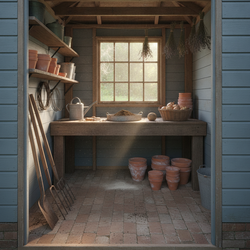AI shed design generator result: a potting shed with a weathered timber bench under a small-paned window, a galvanised tray of dark soil, a ball of twine, a basket of onions, towers of lime-stained terracotta pots stacked on the bench and the brick floor, garden tools leaning in the corner and bunches of lavender drying from a rafter.