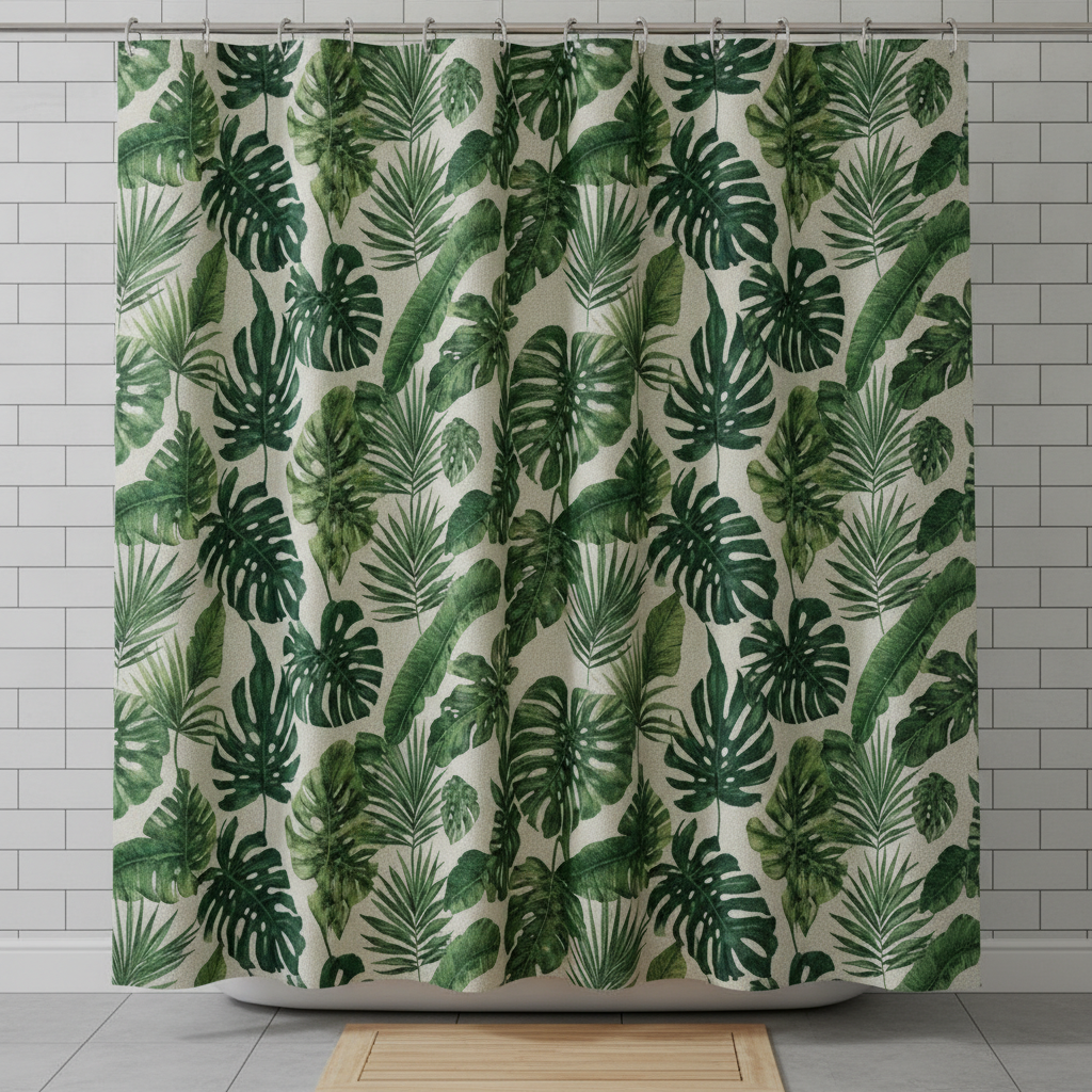 AI shower curtain design generator result: a fabric shower curtain printed with a lush tropical pattern of monstera and palm leaves in four shades of green on cream, hanging against white subway tile