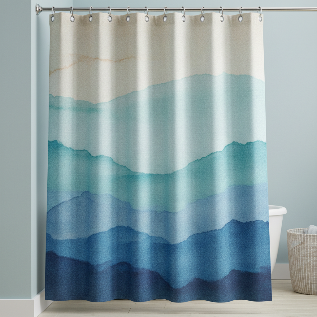 Coastal shower curtain design made with AI: soft watercolour ocean waves washing from pale sand at the top hem down to deep navy at the bottom, hanging in a bright blue bathroom