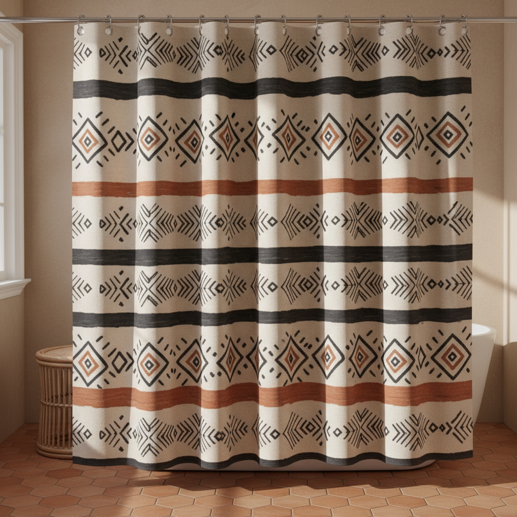Boho mudcloth shower curtain design from the AI shower curtain design generator: hand-drawn arrows, dashes and stacked diamonds in charcoal and rust on natural ivory, in a warm terracotta bathroom