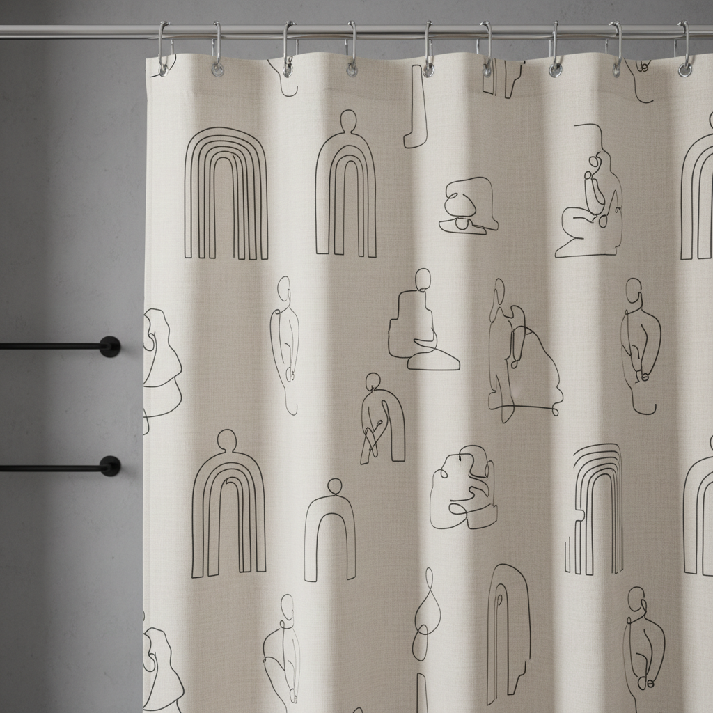 Modern minimal shower curtain design made with AI: sparse continuous single-line art of abstract figures and arches in black on warm off-white, hanging flat in a grey micro-cement bathroom