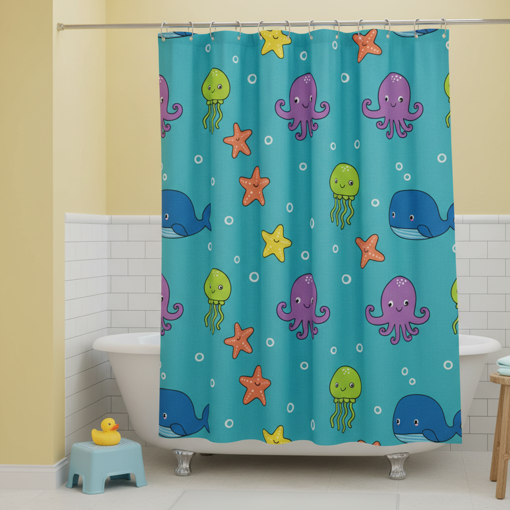 Kids shower curtain design from the AI shower curtain design generator: a playful cartoon print of whales, octopuses and starfish with thick outlines on a saturated turquoise ground in a family bathroom