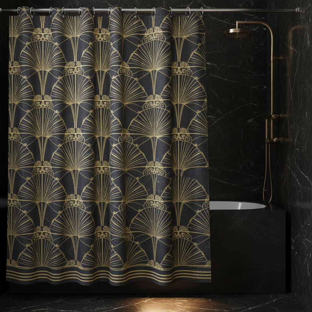 Art deco luxe shower curtain design made with AI: fanned arcs and sunburst rays in antique gold over a deep charcoal marbled ground, hanging in a dark bathroom with brushed gold fittings