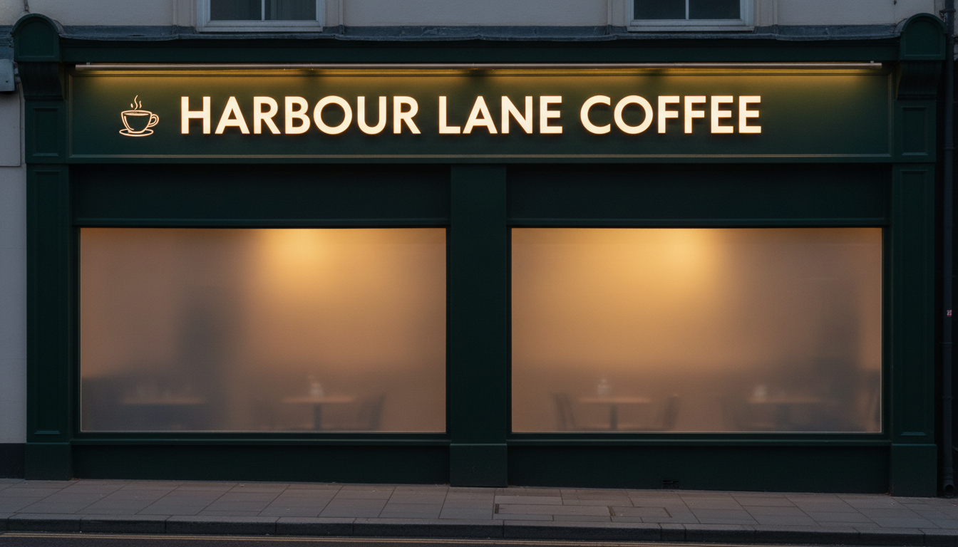 AI signage generator result: an illuminated storefront fascia sign above a shop window, the cafe name set in bold warm-white capitals on a dark green painted timber fascia