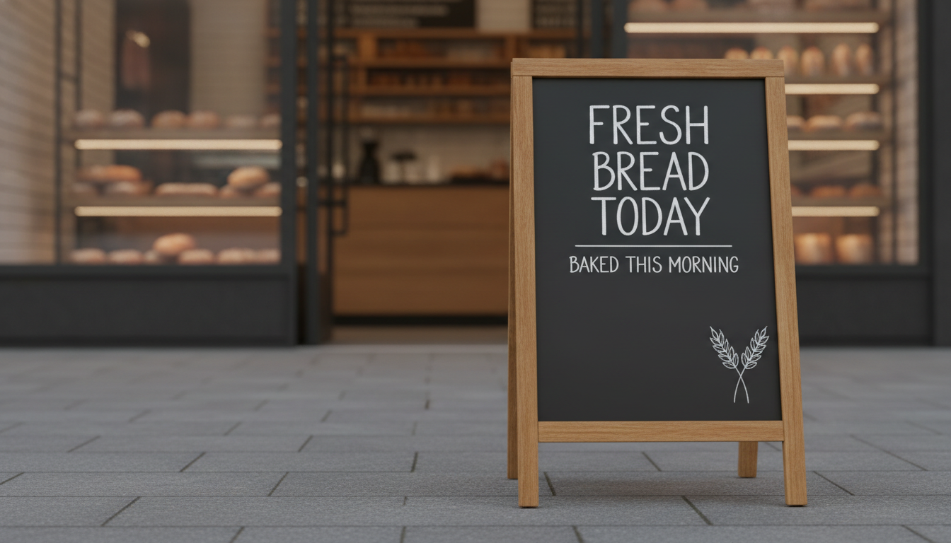 Sidewalk A-frame chalkboard sign made with AI: a black timber-framed pavement board hand-lettered in white chalk with a bakery headline and a smaller line beneath