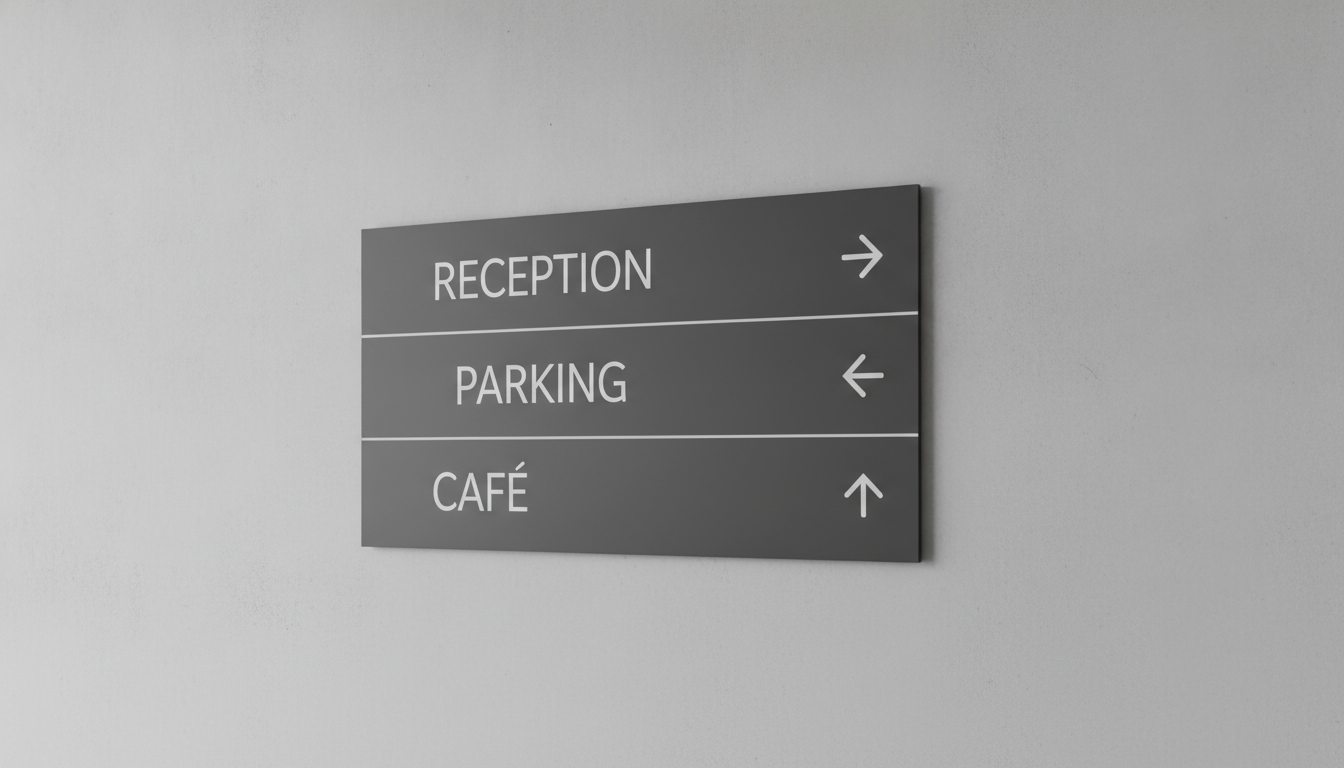 Wayfinding sign panel generated by AI: a matte charcoal directional panel on a concrete wall with rows of white sans-serif destinations each paired with an arrow