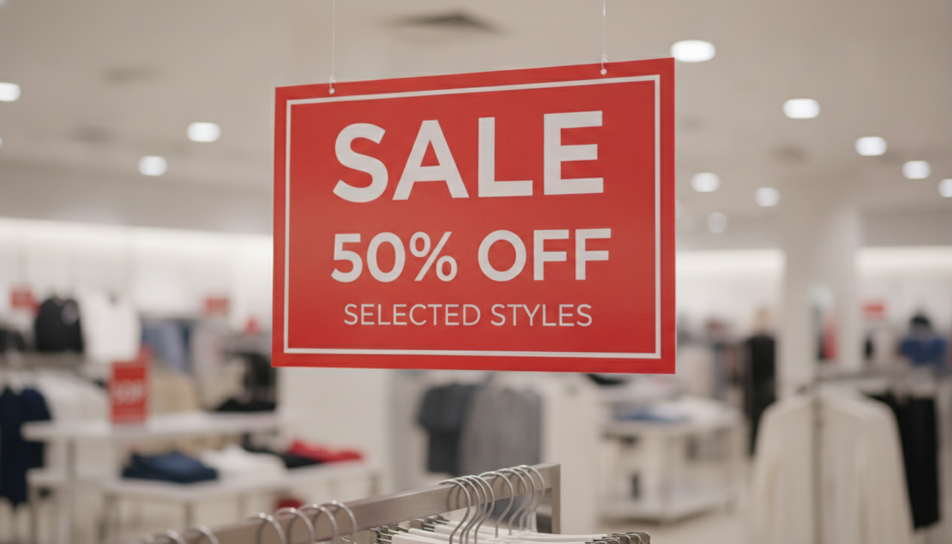Retail sale sign created by the AI signage generator: a bold red in-store promotion card with huge white condensed capitals reading sale and a large discount figure beneath