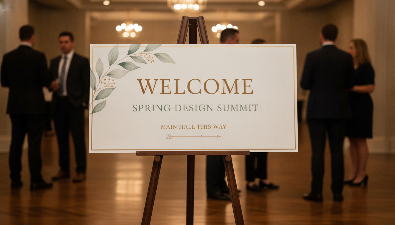 Event welcome sign designed by AI: a cream board on a wooden easel in a venue foyer with a serif welcome heading, the event name in spaced capitals and a directional line