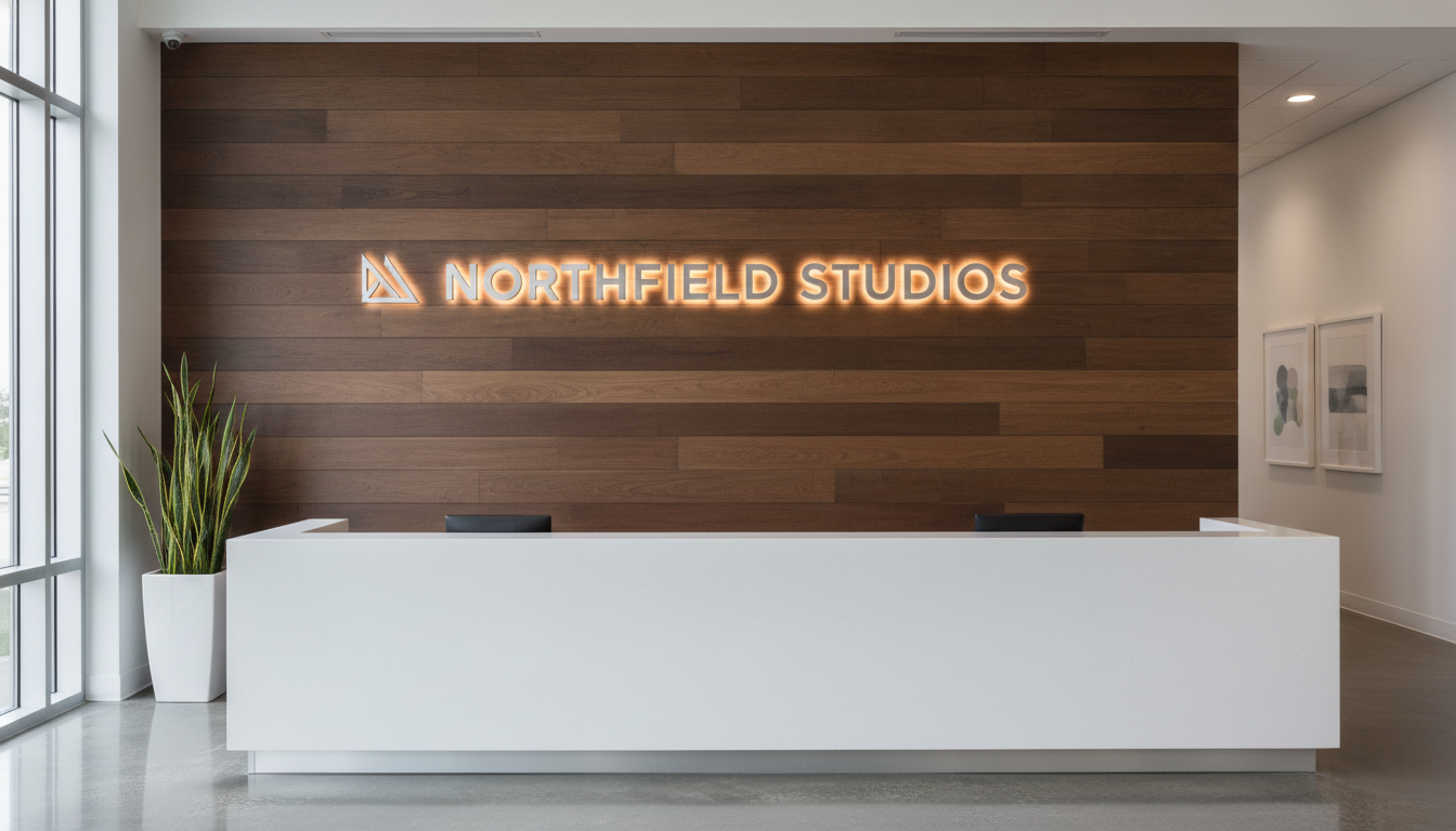 Office reception sign from the AI signage generator: brushed metal dimensional letters spelling a company name on a walnut feature wall behind a low reception desk