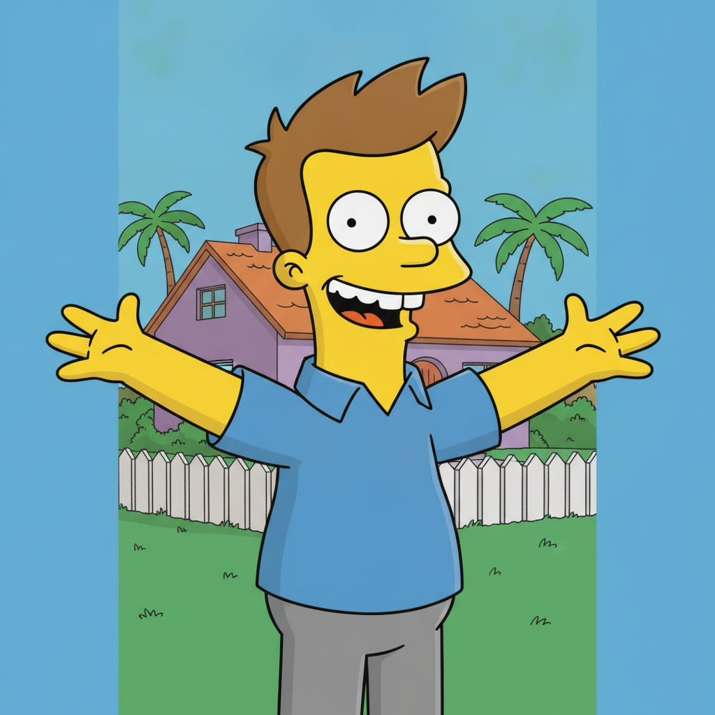 AI Simpsons character generator result showing a cheerful man turned into a yellow cartoon character in classic Simpsons art style in front of a suburban house