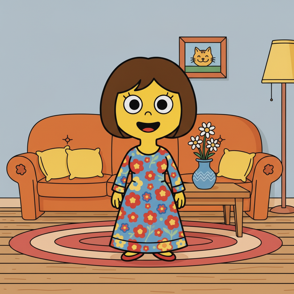 AI Simpsons character generator result showing a smiling woman as a yellow cartoon character in a cozy living room with an orange sofa