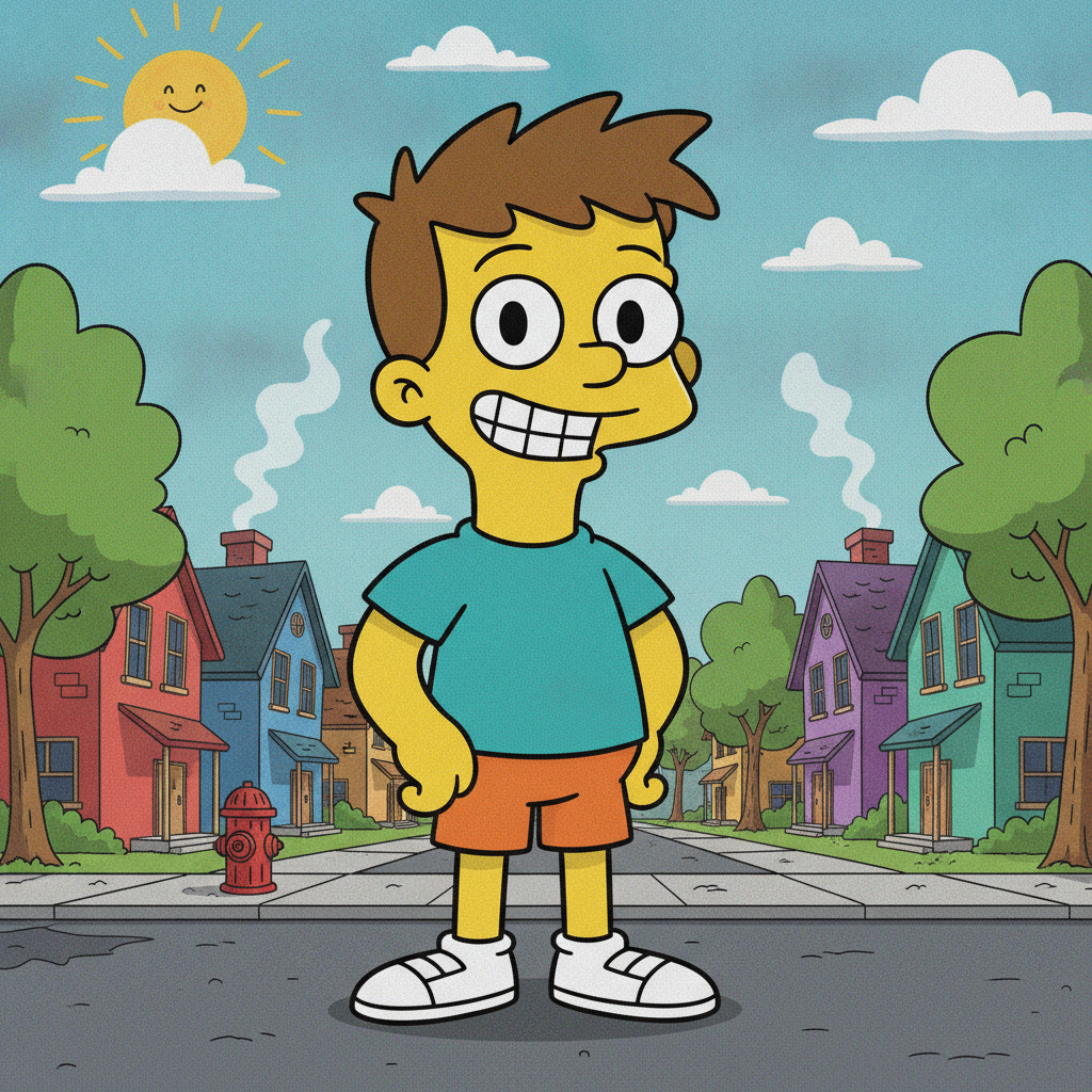 AI Simpsons character generator result showing a young man as a yellow cartoon character with spiky hair on a suburban cartoon street