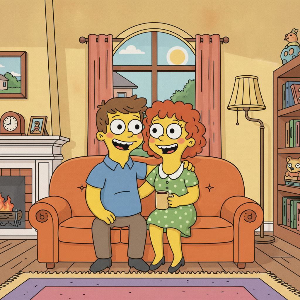 AI Simpsons character generator result showing a couple as two yellow cartoon characters sitting together on an orange sofa